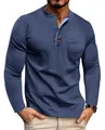 Slim fit men's navy long-sleeved Henley shirt featuring a light blue contrast placket - Sapphire Blue