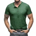 Men's green slub cotton Henley T-shirt with short sleeves and a buttoned stand collar - Dark Green