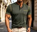 Men's olive green short sleeve Henley shirt with contrast stitching and chest pocket detail - Green