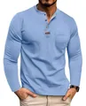 Men's light blue long sleeve Henley shirt with button placket and front chest pocket - Light Blue