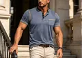 Blue men's short-sleeved Henley shirt with stylish contrast yellow stitching and chest pocket - Dark Blue