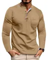 Men's khaki long-sleeve Henley T-shirt with light blue contrast trim and pocket detail - Khaki