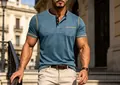 Blue men's short sleeve Henley shirt with contrast stitching and quick-dry fabric - Blue