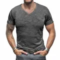 Men's dark grey slub cotton V-neck t-shirt with short sleeves and slim fit texture - Dark Gray