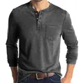 Men's long sleeve Henley t-shirt with pocket in breathable dark grey cotton - S / Tops / Dark Gray