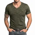 Men's olive green slub cotton V-neck T-shirt casual summer short sleeve top - Army Green