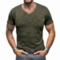 Men's olive green slub cotton V-neck T-shirt casual summer short sleeve top - Army Green