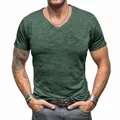 Men's green slub cotton V-neck short sleeve t-shirt casual slim fit top - Dark Green