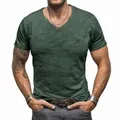 Men's green slub cotton V-neck short sleeve t-shirt casual slim fit top - Dark Green