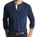Men's slim fit cotton Henley long sleeve shirt in navy blue with chest pocket. - S / Tops / Sapphire Blue