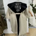 Elegant beige long belted trench coat with a contrasting black faux fur collar - S / Tops / Khaki