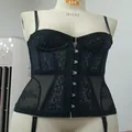 Close-up detail of black lace corset top with hook-and-eye front closure on mannequin. - XS / Corset Top With Straps / Black
