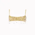 Detailed view of a sexy gold sequined crop top featuring sparkling fringe tassels - S / Tops / Yellow