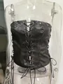 Vintage dark brown PU leather lace-up corset tube top with stylish metal eyelet accents - S / Tops / Black