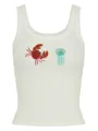 Close-up detail of exquisite beaded crab and jellyfish patches on a white ribbed tank top - S / Top (Crab Vest) / White