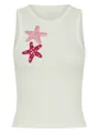 Close-up of a white ribbed tank top featuring pink beaded starfish patch embroidery - S / Top (Starfish Vest) / White