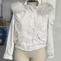 Vintage American style short denim jacket featuring a plush white detachable fur collar - S / Tops / White