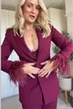 Detailed view of elegant burgundy suit set with feather trim sleeves for women - S / Tops / Burgundy