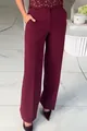 Detailed view of burgundy lace top and elegant wide-leg trousers fashion outfit - S / Bottoms / Burgundy