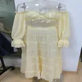 Yellow two-piece set with off-the-shoulder crop top and tiered ruffle maxi skirt - S / Top And Bottom / Yellow