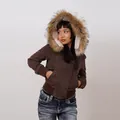 Braune Cordjacke im Retro-Stil mit übergroßer, abnehmbarer Kapuze aus Kunstpelz - L / Oberteile / Braun