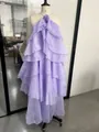 Elegant purple halter neck dress with 3D flower and layered ruffles for summer beach vacation - XS / Dresses / Long Purple