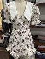 French style floral print dress with white Peter Pan collar and ruffles in cream red - S / Top And Bottom / Pale Red Floral Style (With Inner Shorts)