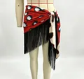 Detail shot of red polka dot wrap skirt with long black tassel fringe on mannequin - M / Animal Print Tassel Skirt (As Pictured)