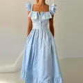 Elegante abito midi a righe azzurre con maniche a volant e scollo quadrato alla francese - Taglia S / Blu