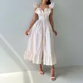 Elegante abito midi a righe in stile francese con maniche a volant e vita stretta - Taglia S / Kaki