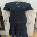 Elegant dark blue tweed sequin dress featuring a slimming waist and button front detail - S / Bottoms / Navy Blue