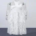 Elegante abito in pizzo bianco con scollo all'americana e dettagli in volant - Taglia S / Sopra e sotto / Bianco