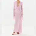 Elegante abito lungo rosa chiaro con profondo scollo a V e maniche lunghe - Taglia S / Rosa
