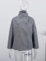 Detailed view of a grey stand collar double-breasted wool coat displayed on a mannequin - S / Tops / Gray