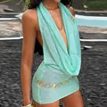Sexy mint green halter cowl neck knit mini dress with fine glitter finish for women - S / Light Green