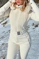Close-up of white ski jumpsuit featuring a faux fur hood and belted waist. - S / Top And Bottom / White