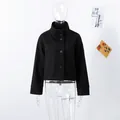 Elegant black single-breasted wool coat with a chic stand-up collar for women's winter style - S / Tops / Black