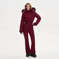 Fashionable wine red one-piece ski suit for women with warm faux fur trimmed hood detail - Wine Red (Hooded Padded)