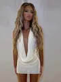 Sexy white sequined halter mini dress featuring a draped cowl neckline and slim knit fit - S / White