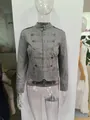 Giacca stile militare vintage grigio lavato con colletto alla coreana ed spalline - Taglia S / Top / Marrone scuro