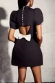 Elegant French style black mini dress featuring a hollow back and white bow detail - S / Tops / Black