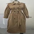 Full-length view of a khaki double-breasted trench coat with multiple waist belts on a mannequin. - S / Tops / Khaki - Long Style