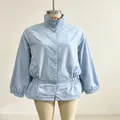 Light blue retro jacket with stand collar, gathered waist and lantern sleeves - S / Tops / Blue