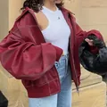 Giacca bomber vintage oversize in ecopelle bordeaux con zip per la moda autunno donna - Taglia S / Top / Rosso