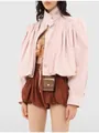 Detailed view of pink stand collar trench coat with padded shoulders and pleated design - S / Tops / Pink