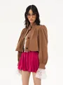 Fashionable brown short windbreaker jacket with stand collar and elegant puff sleeves for women - S / Tops / Brown