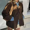 Giacca marrone vintage oversize effetto scamosciato con revers per la moda autunno - Marrone