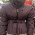 Women's thickened dark purple puffer jacket with waist belt and pleated hem details - S / Tops / Purple