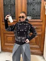 Μαύρη πλεκτή ζακέτα με ρετρό μοτίβο λαχούρι, φερμουάρ και σχέδιο με όρθιο γιακά - M / Tops / Μαύρο