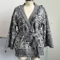 Grey ethnic style knitted cardigan with fringe detailing and waist tie belt for autumn - S / Tops / Gray